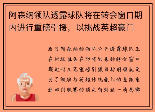 阿森纳领队透露球队将在转会窗口期内进行重磅引援，以挑战英超豪门