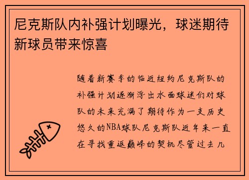 尼克斯队内补强计划曝光，球迷期待新球员带来惊喜